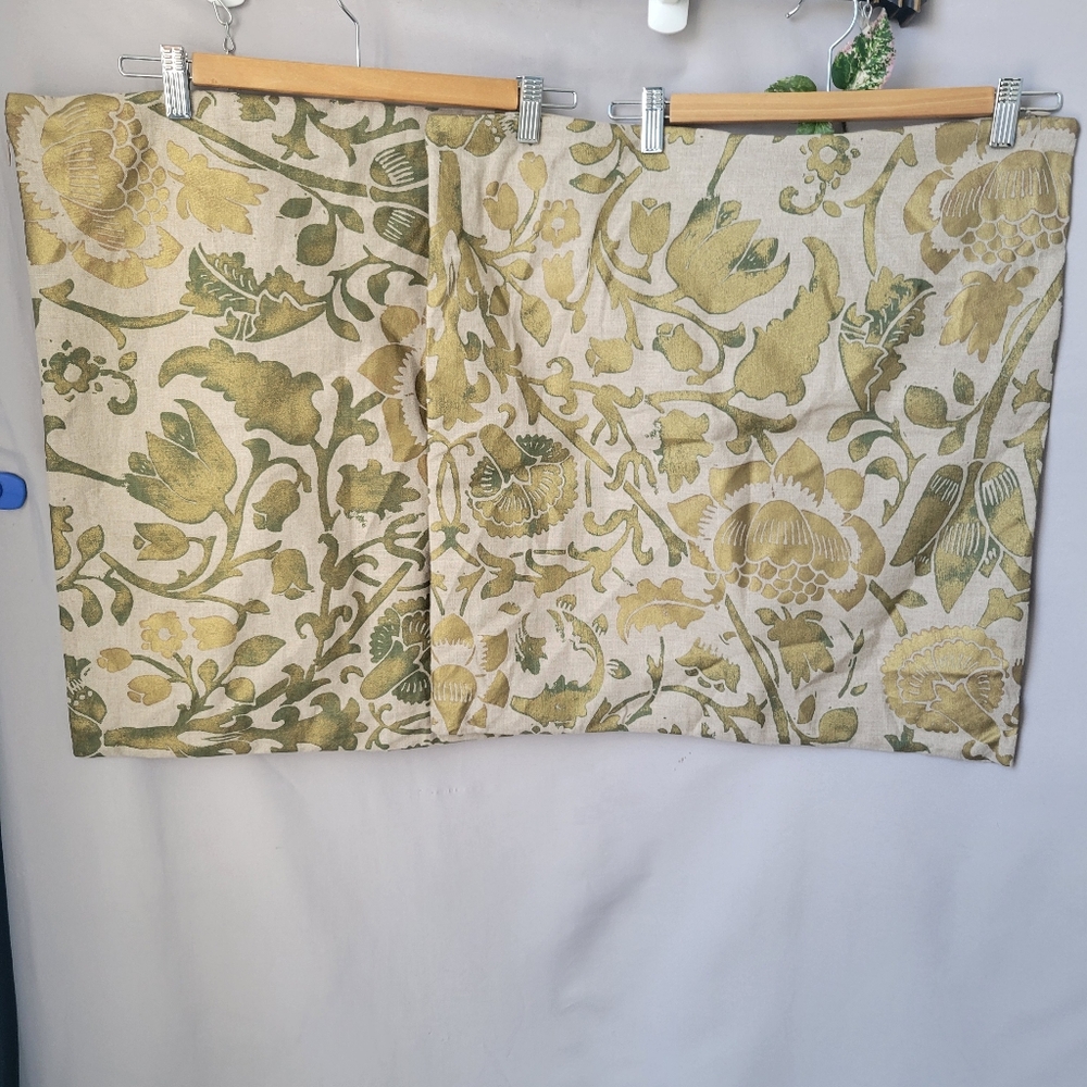 2 Pottery Barn Printed Floral Cotton Linen Pillow‎ Cover Green Gold 20 x 20